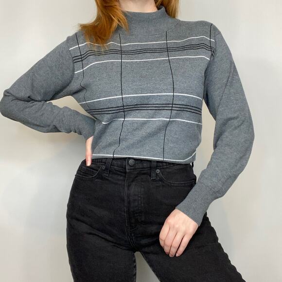 Vintage Y2K Dressbarn Large Gray & White Plaid Stripe Mockneck Sweater - Picture 3 of 11